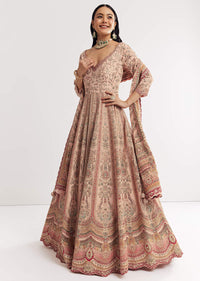Light Peach Printed Crepe Anarkali Suit With Embroidery