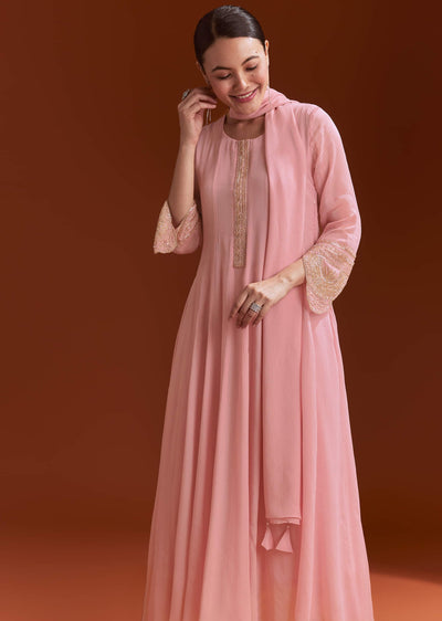 Light Pink Chinon Anarkali Suit With Cut Dana And Beads Work