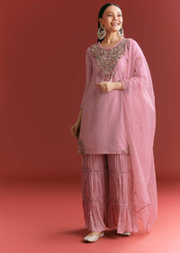 Light Pink Organza Kurta Sharara Suit With Embroidery