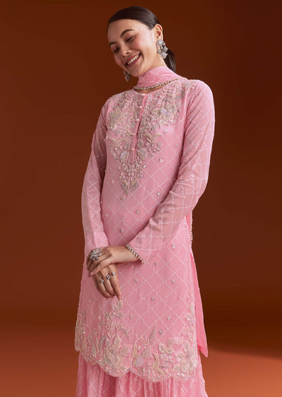 Light Pink Chinon Sharara Set With Cutdana And Sequins