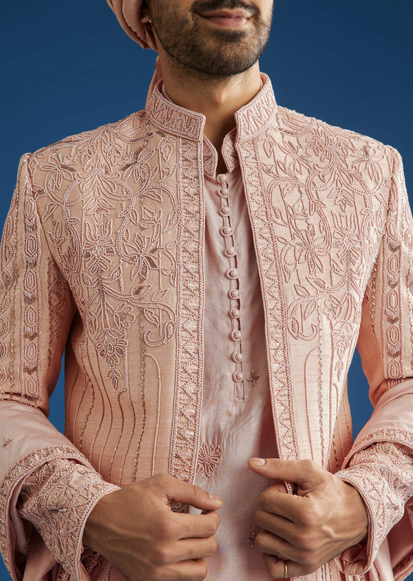 Light Pink Raw Silk Sherwani Set With Hand Work In Chanderi And Dola Silk