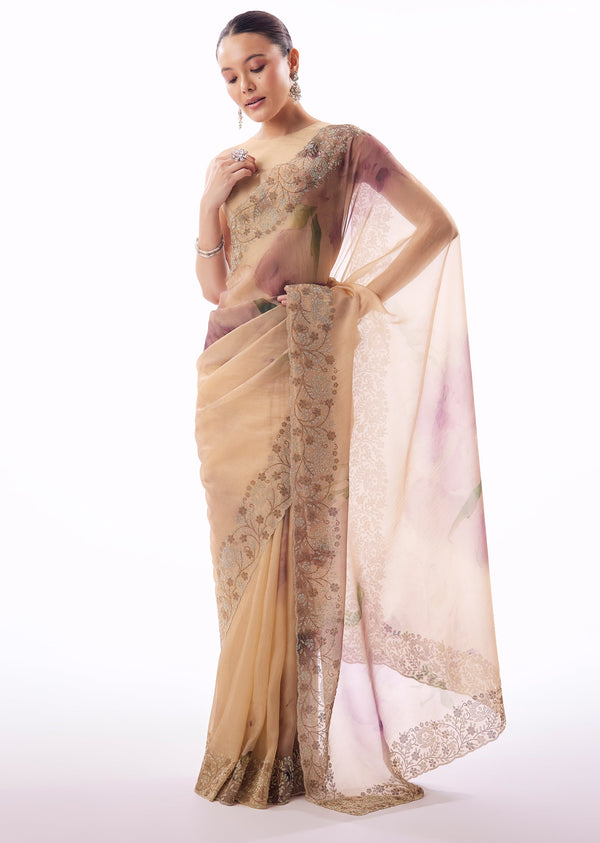 Light Turquoise Blue Tissue Saree With Cutdana Sequin Bead Embroidered Border