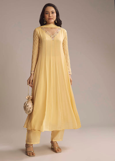 Light Yellow Chinon Anarkali Suit With Cutdana And Sequins Work
