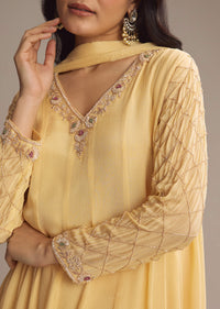 Light Yellow Chinon Anarkali Suit With Cutdana And Sequins Work