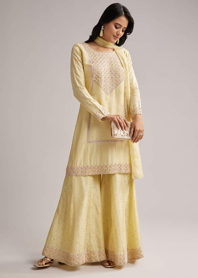 Light Yellow Embroidered Sharara Set With Dupatta
