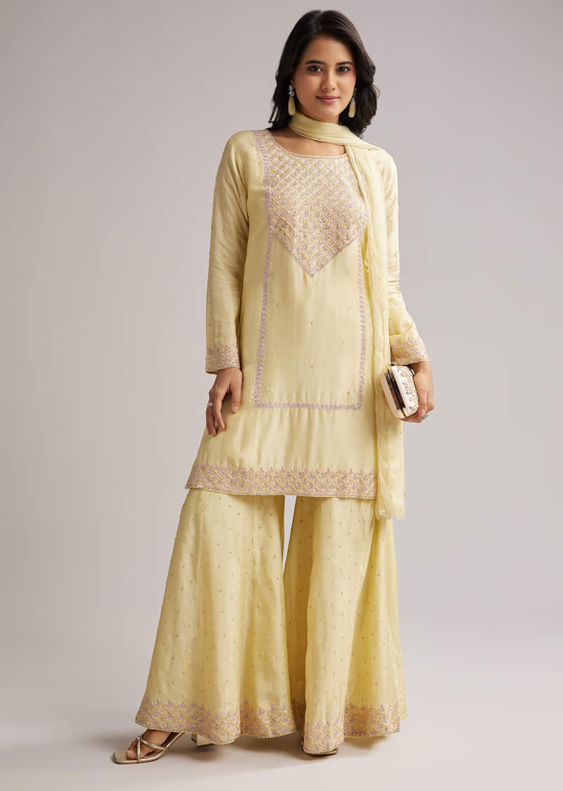 Light Yellow Embroidered Sharara Set With Dupatta