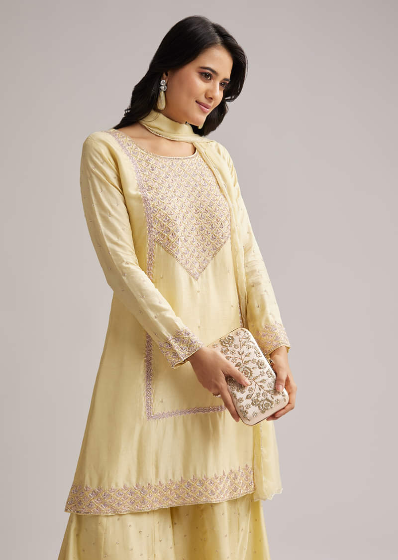 Light Yellow Embroidered Sharara Set With Dupatta