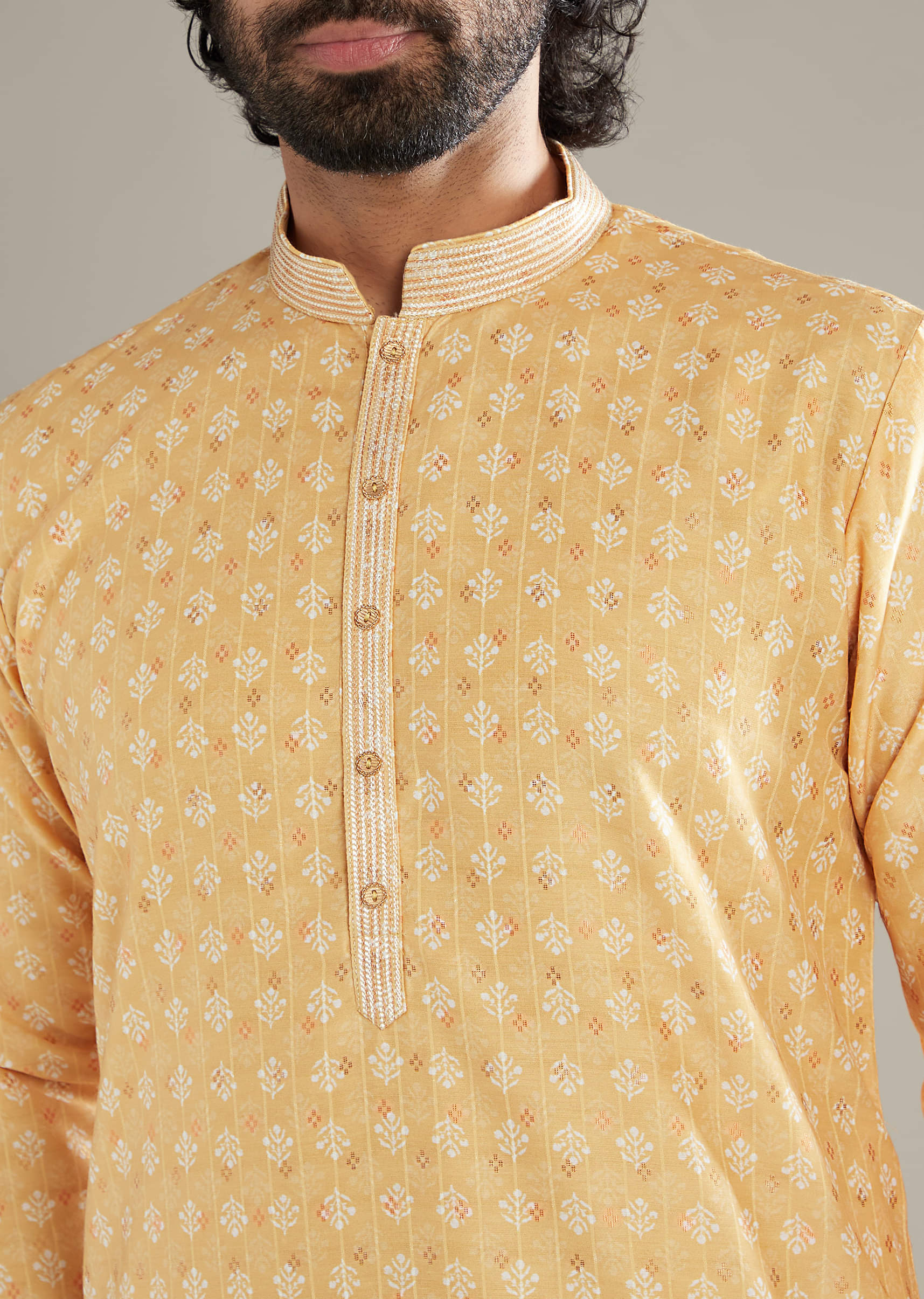 Light Yellow Silk Kurta Set For Men With Printed Motifs
