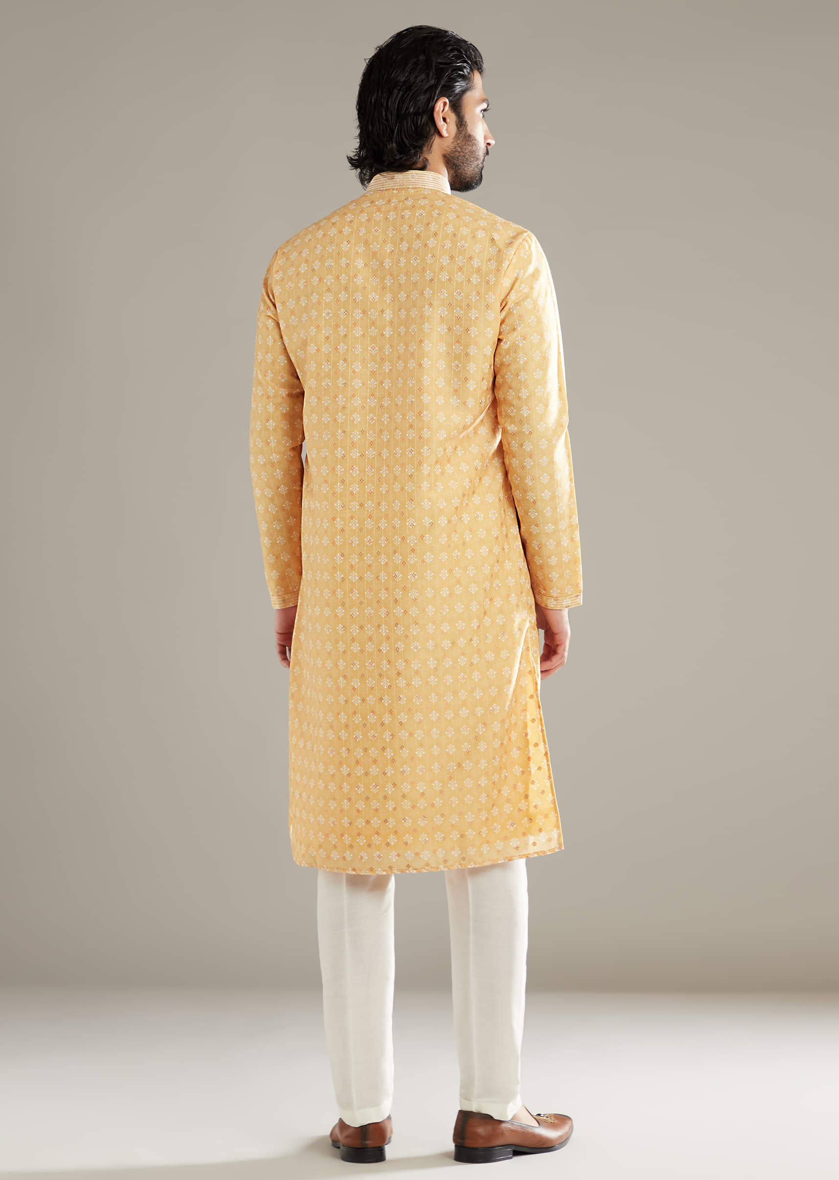 Light Yellow Silk Kurta Set For Men With Printed Motifs