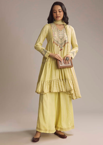 Light Yellow Silk Printed Palazzo Suit With Resham Work