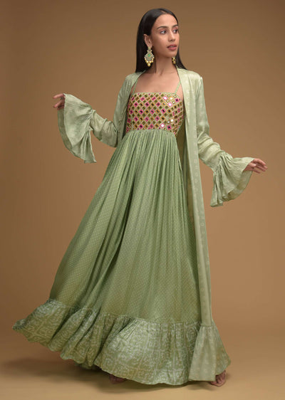 Light Green Long Dress And Jacket Set With Bandhani Print And Mirror Abla Embroidery Online - Kalki Fashion