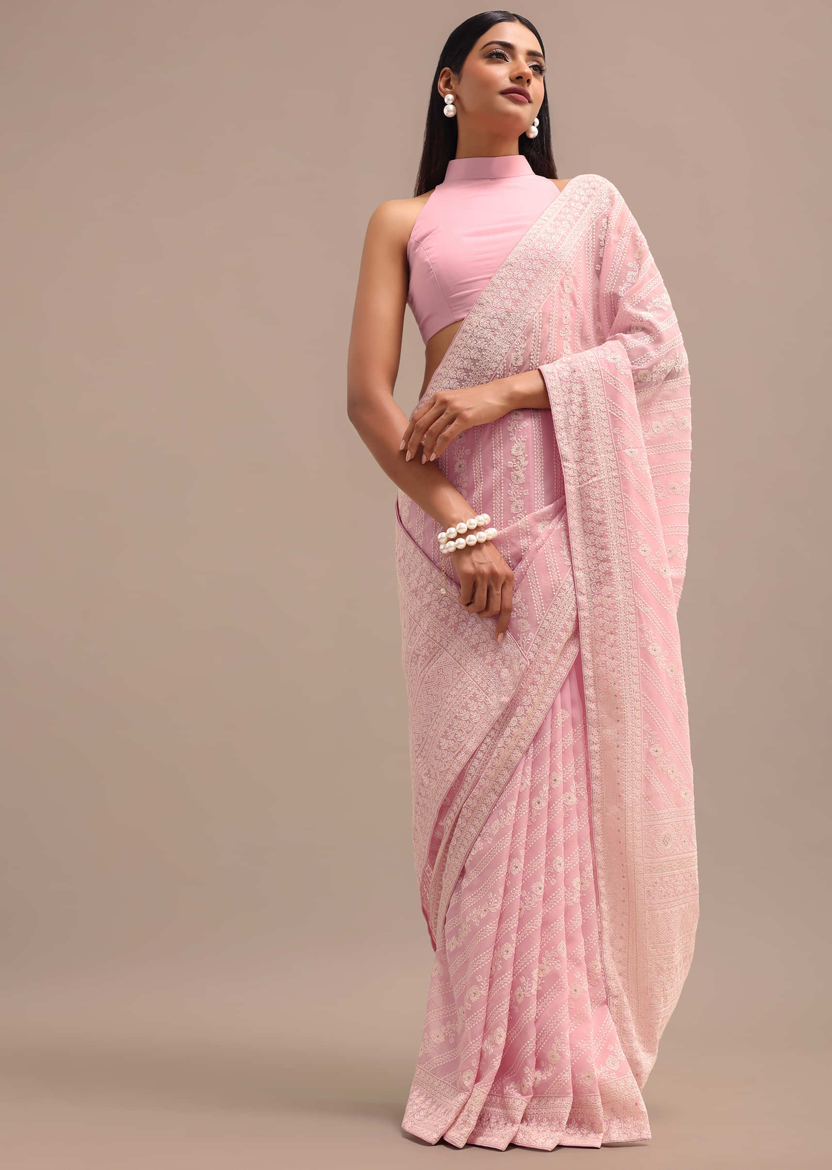 Light Pink Georgette Chikankari Saree With Unstitched Blouse