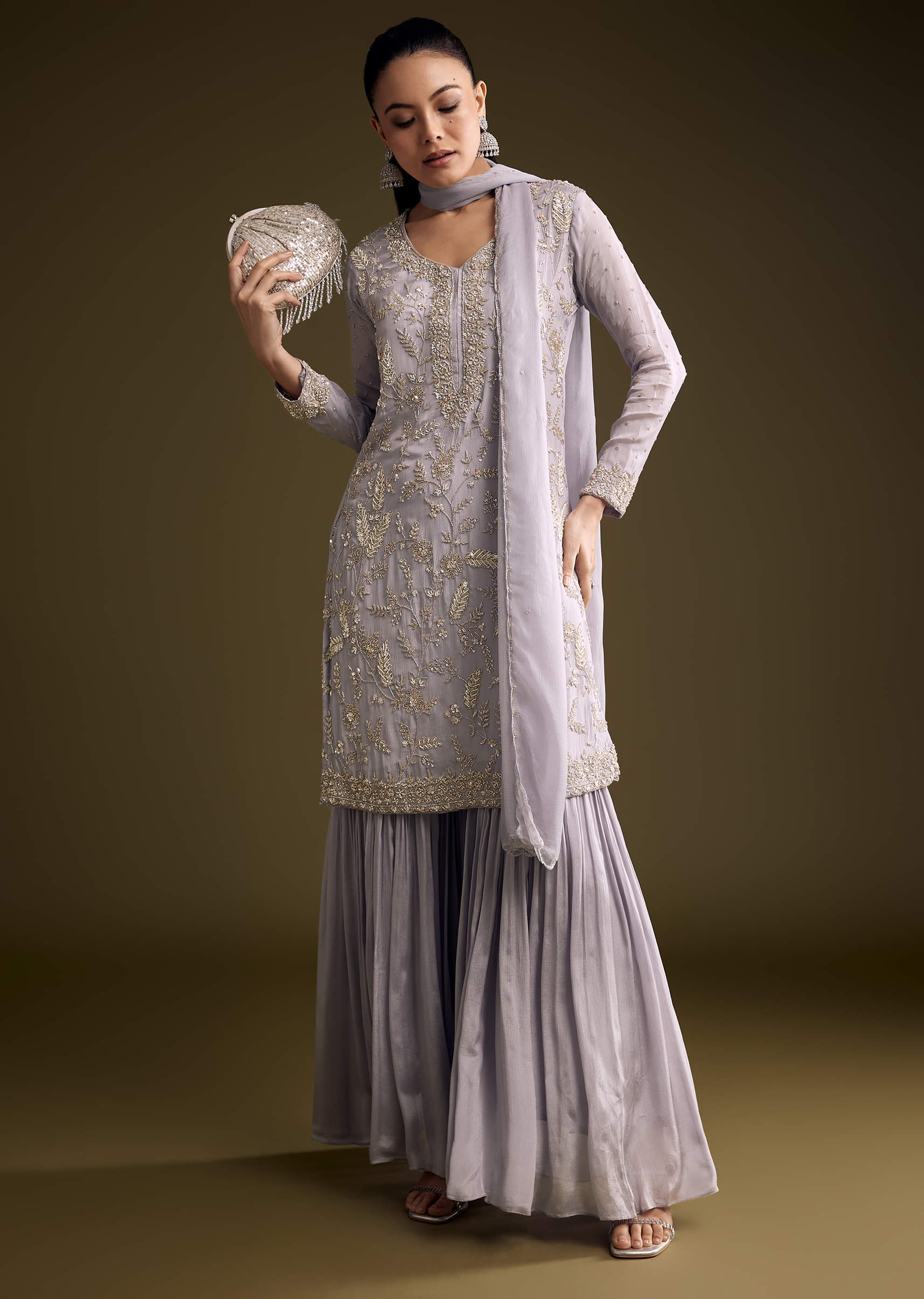 Lilac Chinon Sharara Suit With Cutdana And Sequins Embroidery