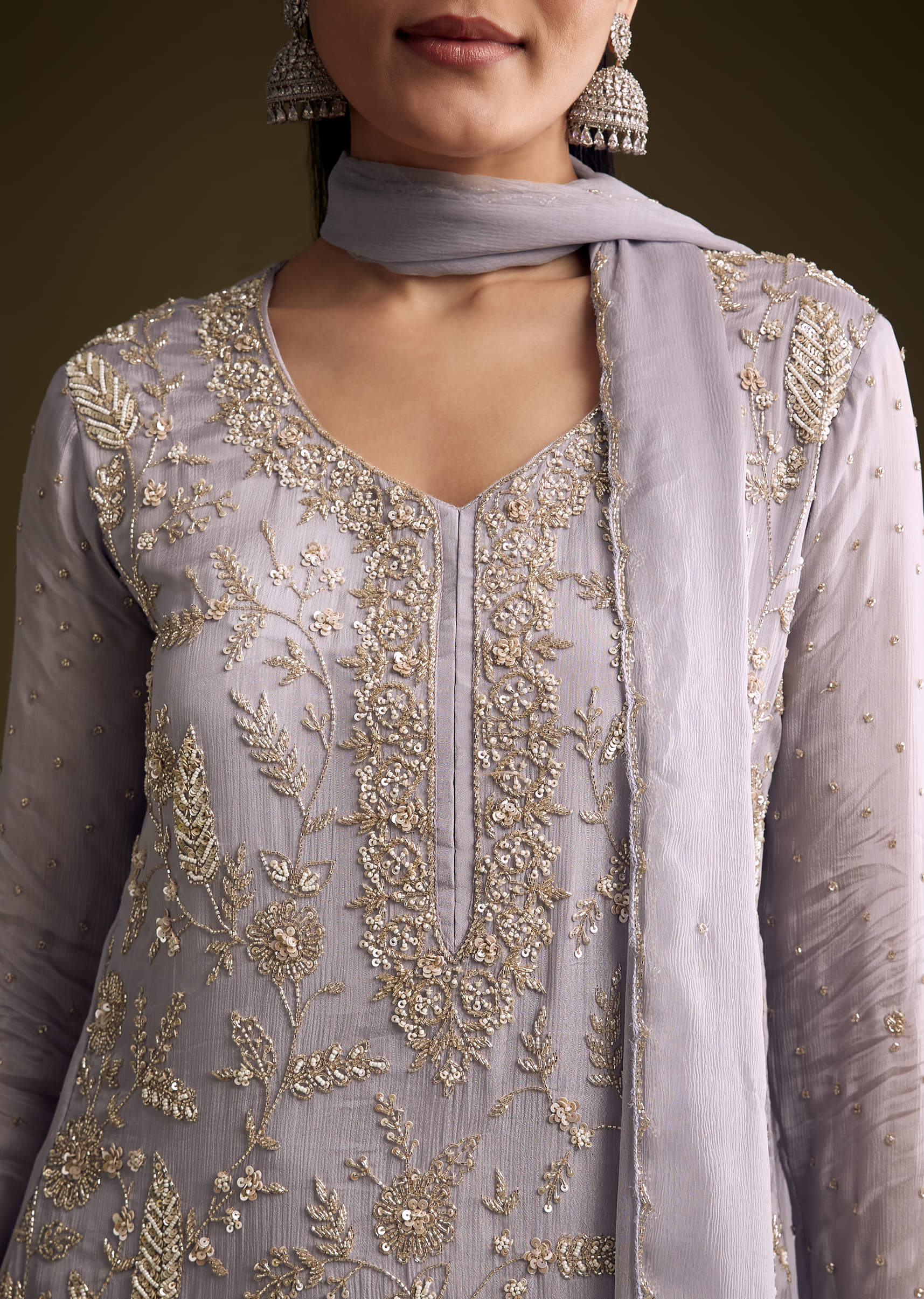 Lilac Chinon Sharara Suit With Cutdana And Sequins Embroidery