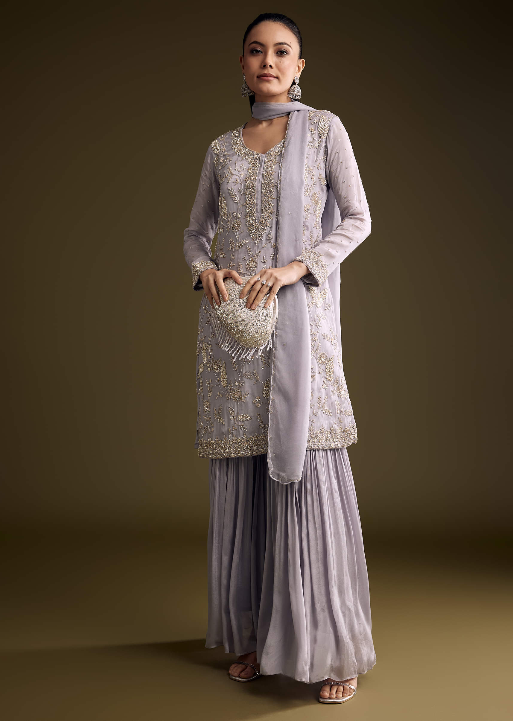 Lilac Chinon Sharara Suit With Cutdana And Sequins Embroidery