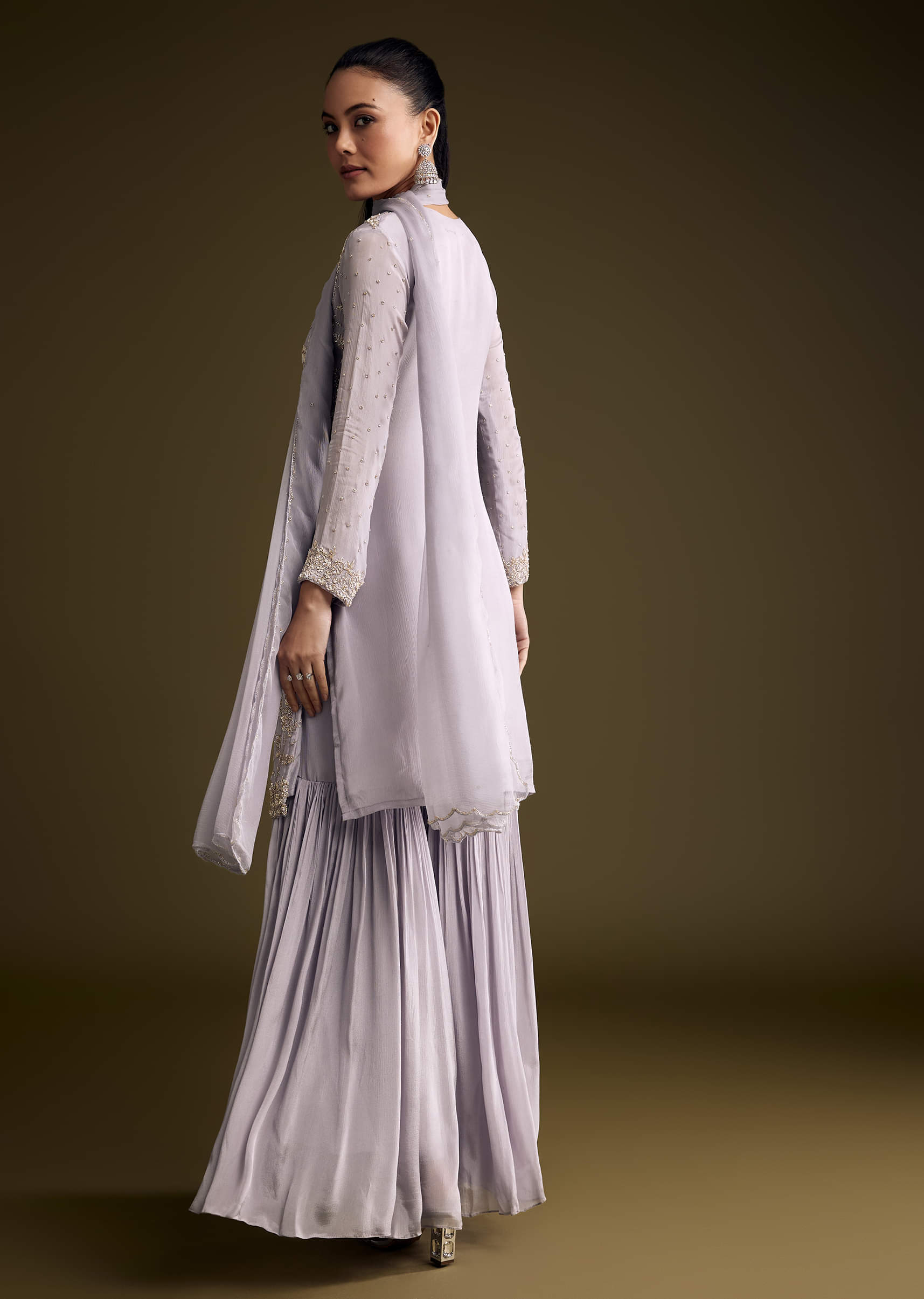 Lilac Chinon Sharara Suit With Cutdana And Sequins Embroidery