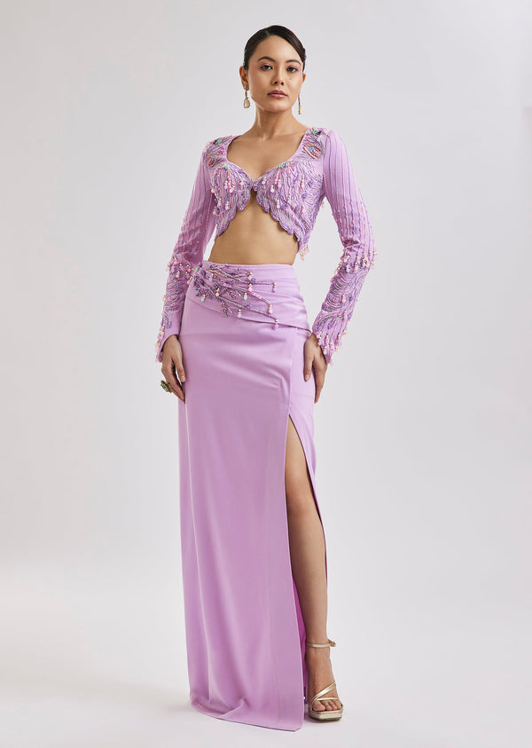 Lilac Embroidered Blouse With Draped Skirt Set