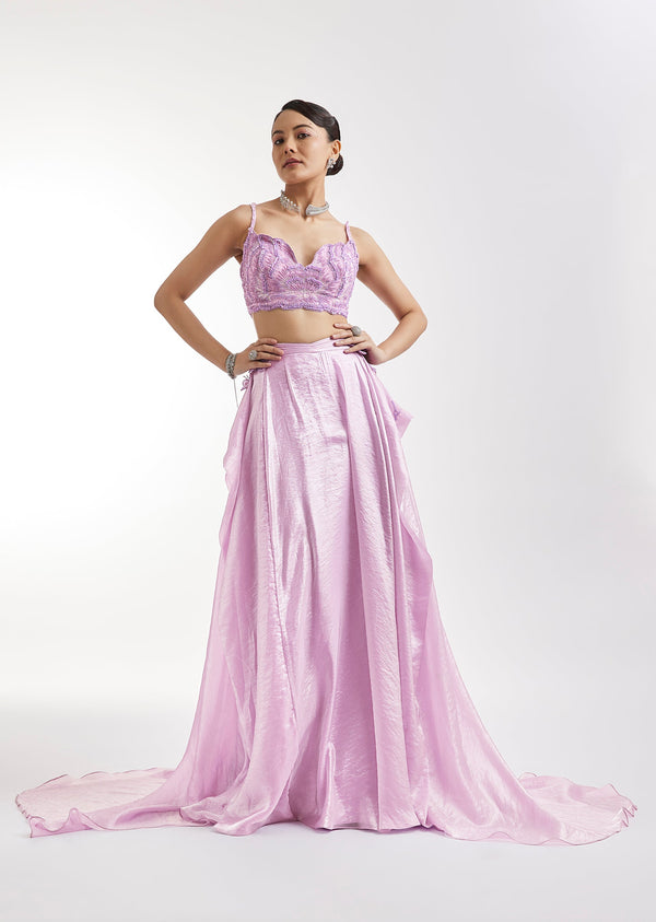 Lilac Embroidered Lehenga Set With Panel Detailing