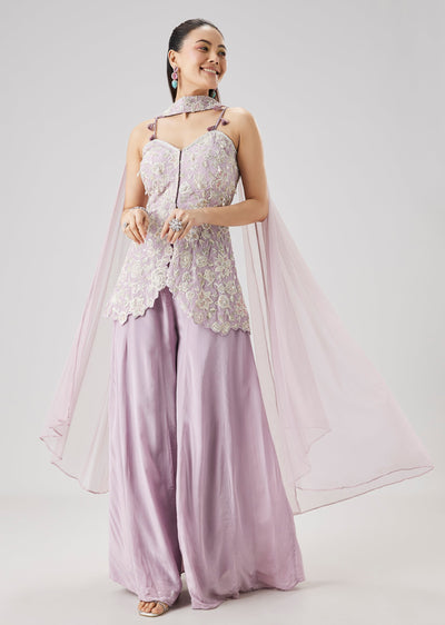 Lilac Embroidered Peplum Palazzo Set With Dupatta