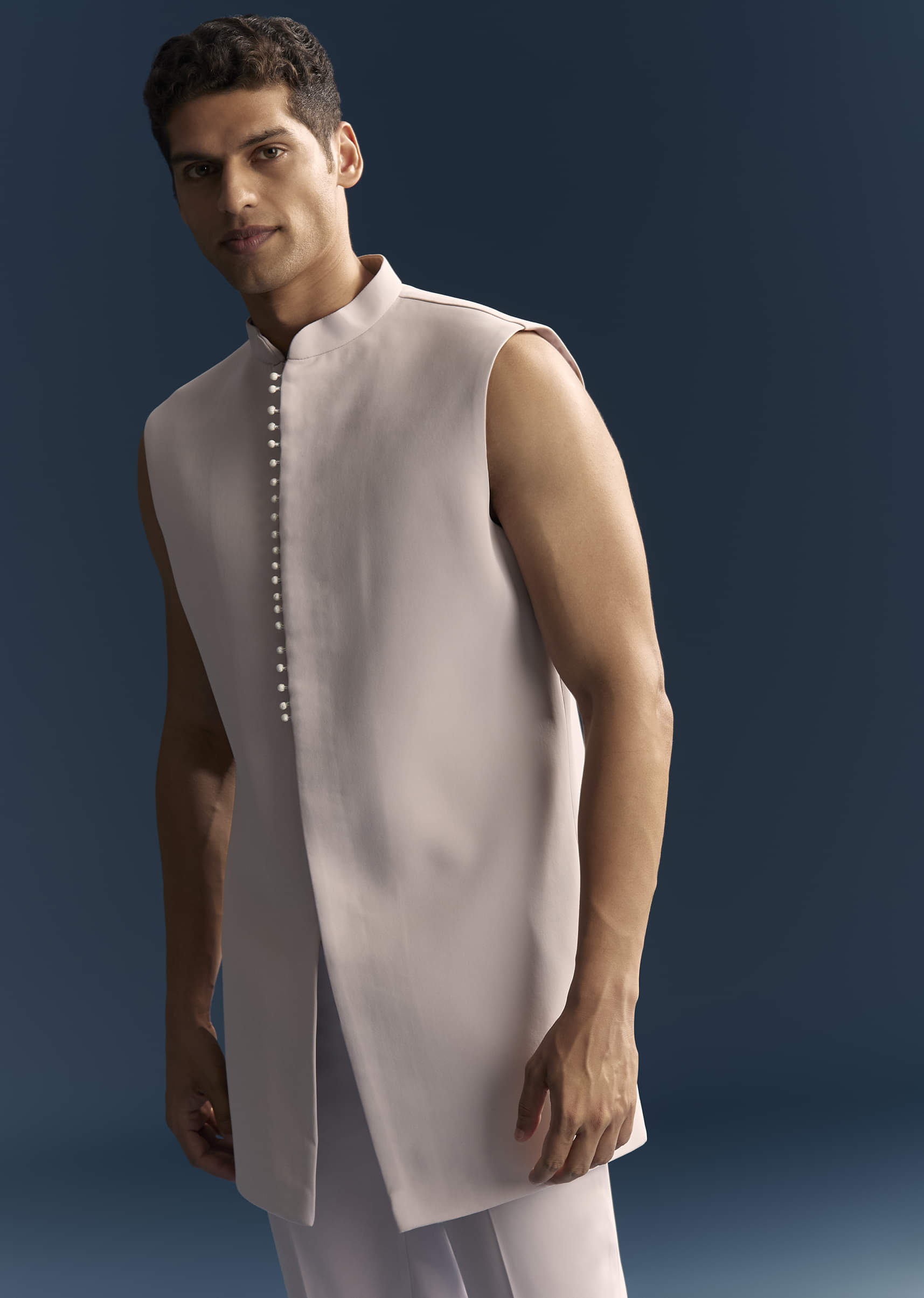 Lilac Indo Western Set For Men With Resham And Moti Work