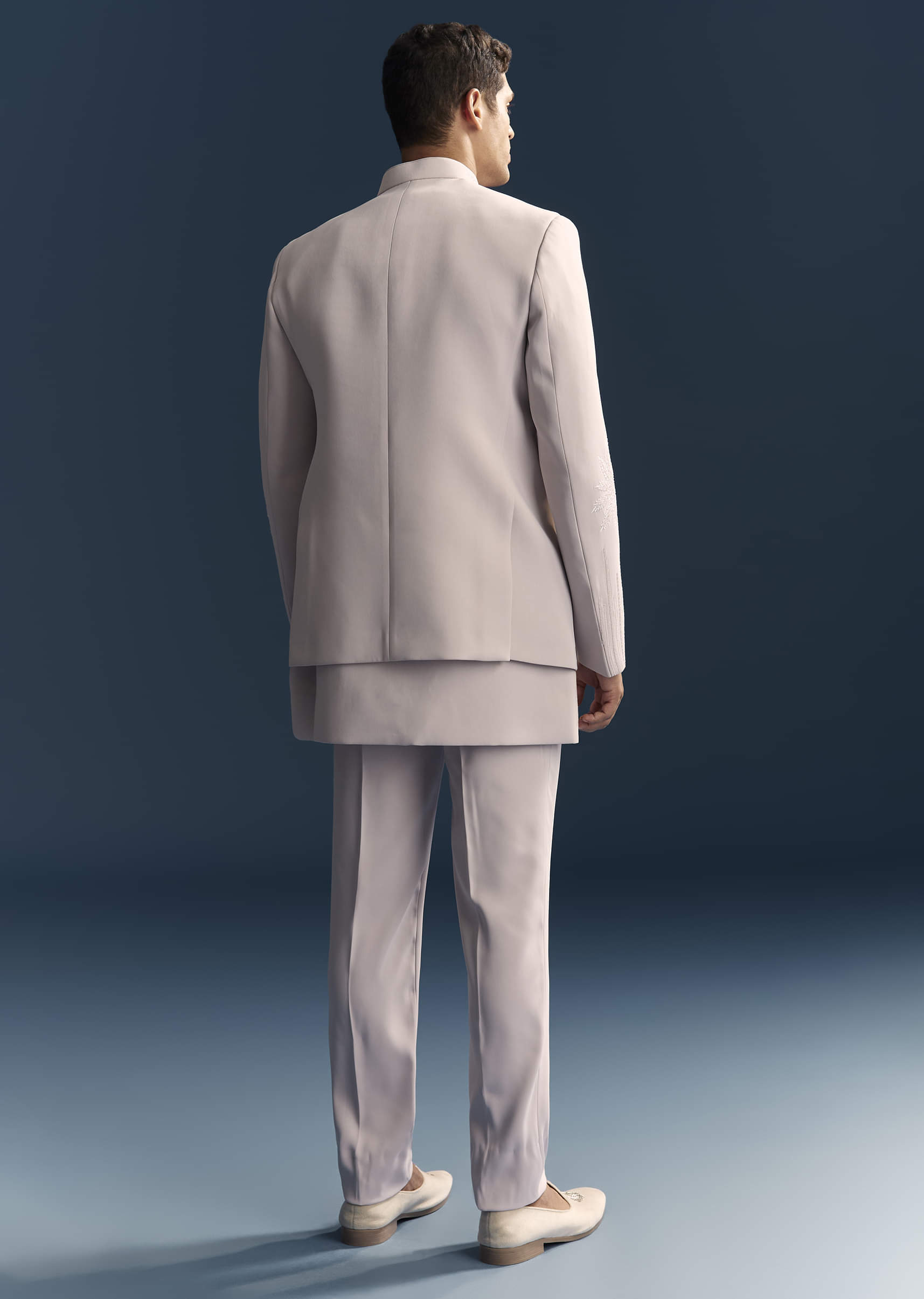 Lilac Indo Western Set For Men With Resham And Moti Work