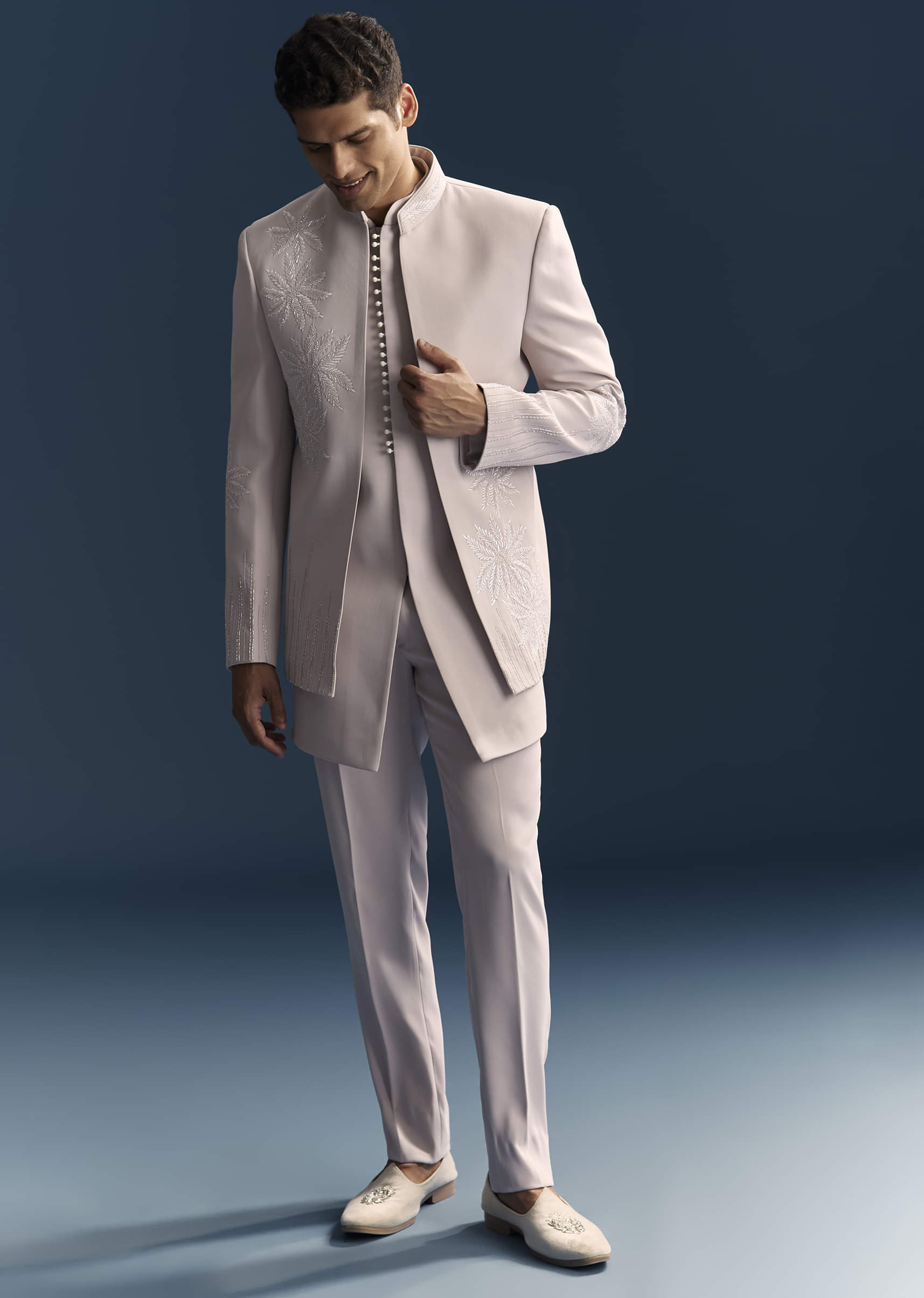 Lilac Indo Western Set For Men With Resham And Moti Work