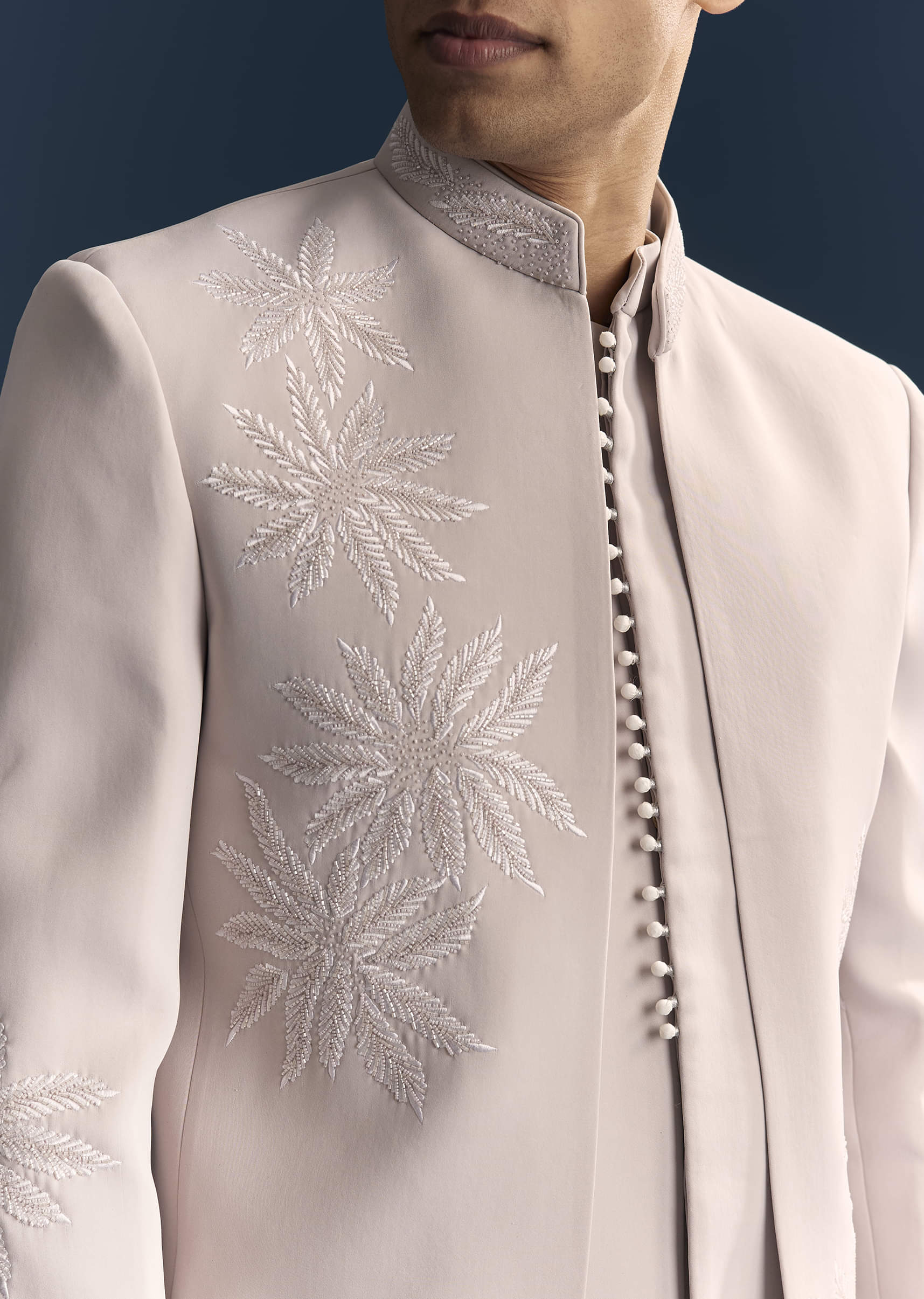 Lilac Indo Western Set For Men With Resham And Moti Work