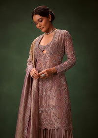 Lilac Platinum Tissue Kurti Set With Hand Embroidered Gharara Pants And Dupatta