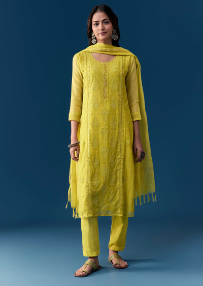 Lime Cotton Kurta Set With Thread Work