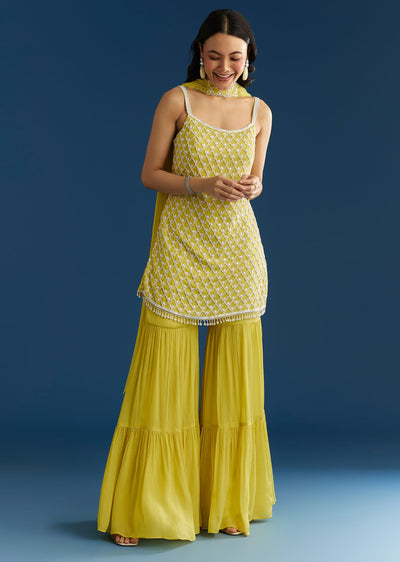 Lime Green Chinon Kurta Sharara Set With Choker Dupatta