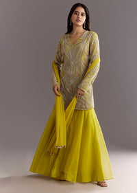 Lime Green Cutdana And Moti Work Kurta With Organza Sharara
