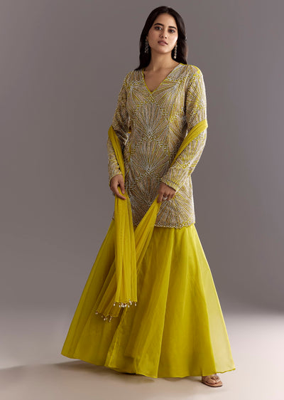 Lime Green Cutdana And Moti Work Kurta With Organza Sharara
