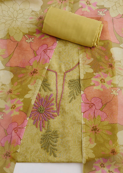 Lime Green Organza Bead Work Unstitched Suit Set With Dupatta