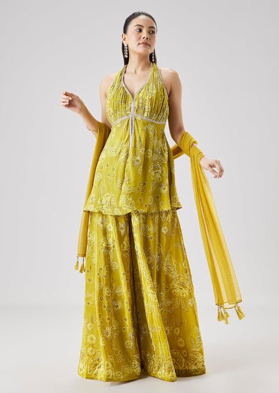 Lime Green Printed Peplum Palazzo Set With Dupatta