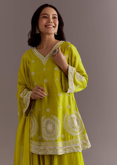 Lime Green Short Kurta Palazzo Suit With Moti Embellished Dupatta