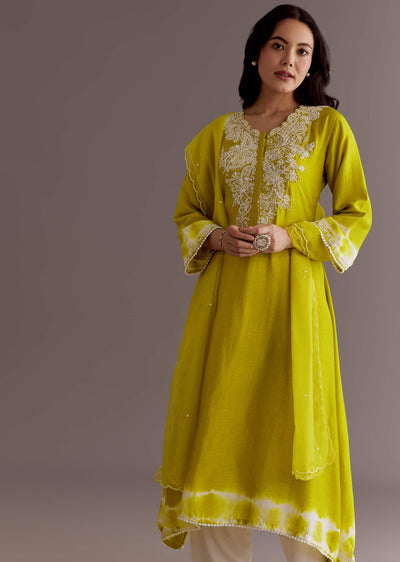 Lime Green Silk Kurta Dupatta Set With Moti Work