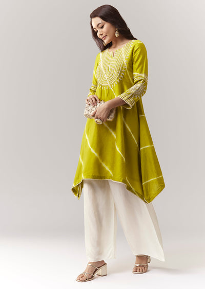 Lime Green Zardosi Kurta Straight Pant Coord With Leheriya Border