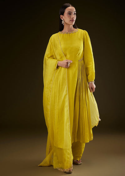 Lime Yellow Kurta With Ruching And Handwork