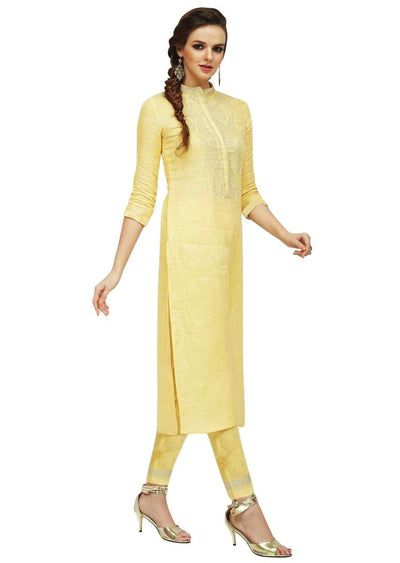 Lime Yellow Kurti With Straight Pant In Kundan Work