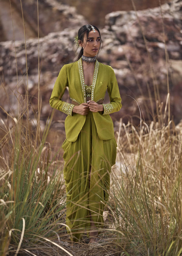 Lime Green Mirror Bustier With Jacket And Draped Skirt