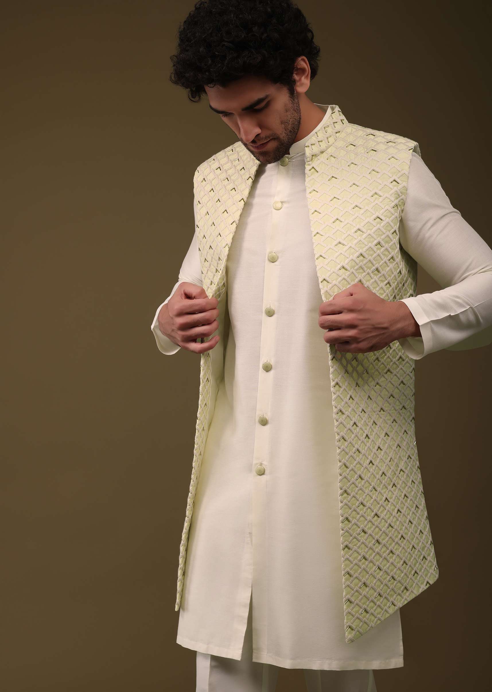 Lime yellow festive textured jacket by KALKI Fashion