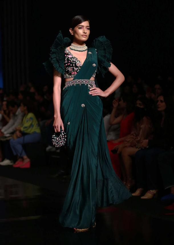Bottle Green Ready Pleated Saree With A Colorful Hand Embroidered Blouse With Fancy Layered Frill Sleeves