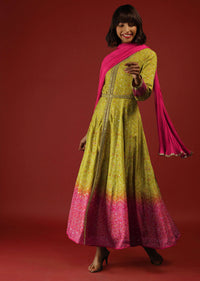 Lime Green And Pink Shaded Anarkali Suit With Front Slit And Bandhani Print