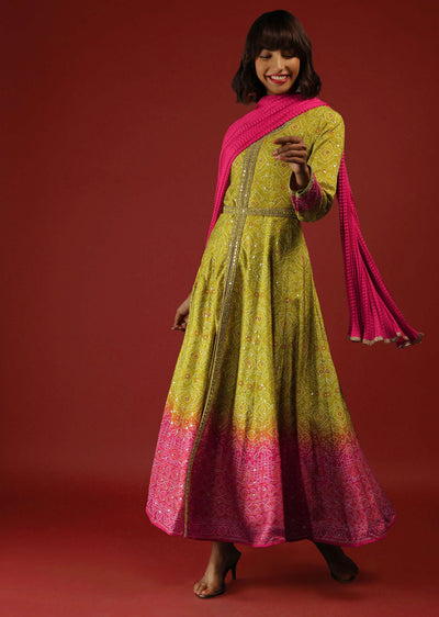 Lime Green And Pink Shaded Anarkali Suit With Front Slit And Bandhani Print