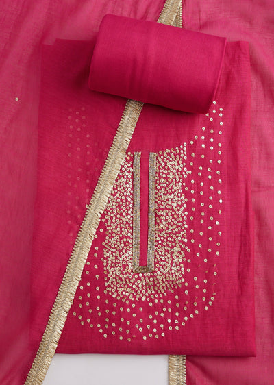 Magenta Cotton Sequins Embroidered Unstitched Suit Set With Dupatta
