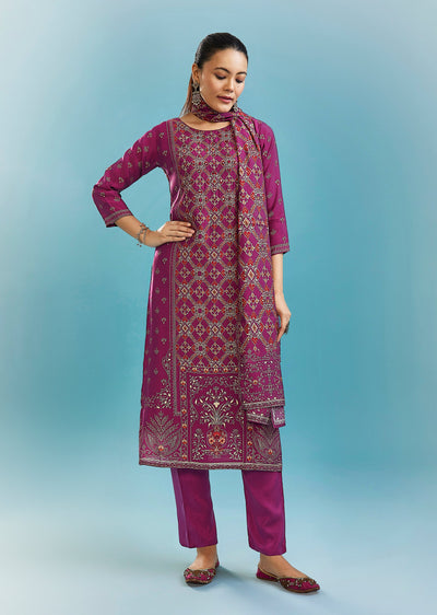 Magenta Printed Kurta Set With Mirror And Zari Work