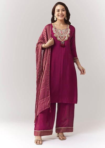 Magenta Zardosi Threadwork Kurta Palazzo Set With Dupatta