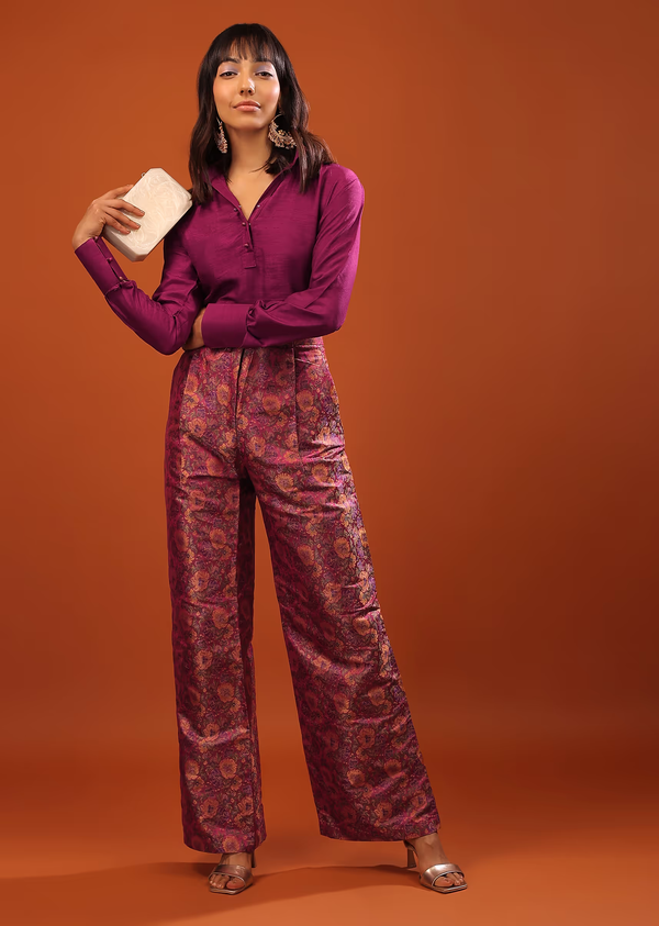 Burgundy Purple Tussar Top And Banarasi Brocade Straight Cut Pants Set With Woven Floral Motifs