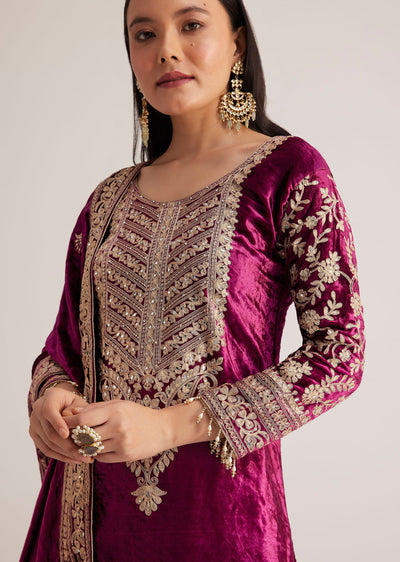 Magenta Pink Velvet Embroidered Palazzo Suit
