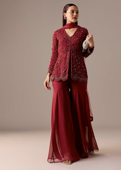 Buy Maroon Beaded Peplum Sharara Set | KALKI Fashion USA| KALKI